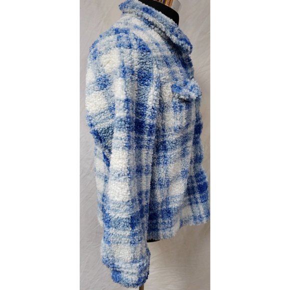 Blair Womens Medium Blue White Plaid Sherpa Snap Front Fuzzy Jacket - Picture 6 of 10
